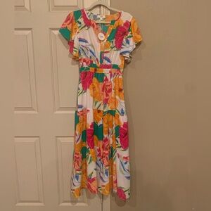 ODDY Floral Maxi Dress in White, Pink, Yellow & Green